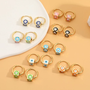 Chic gold-plated square evil eye enamel earrings in vibrant multiple colors