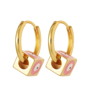 Gold square evil eye earrings with pink enamel cubic charms for women's fashion