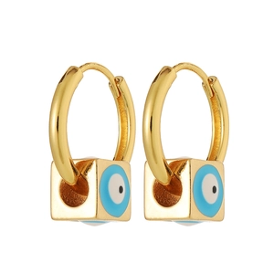 Detail of square gold-plated drop earrings with blue enamel evil eye charm on white background