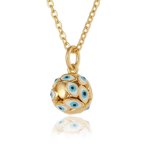 Collier doré avec pendentif boule évidée œil maléfique et émail coloré sur fond miroir