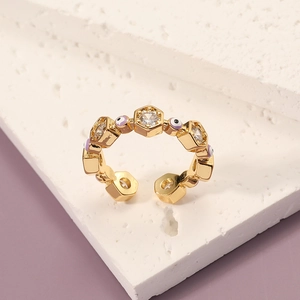 Polygonal evil eye zircon open ring in gold finish with hexagonal frame design