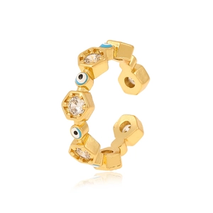 Adjustable evil eye ear cuff with gold finish and sparkling hexagonal zircon inlays