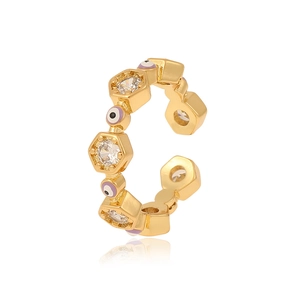 Detail of gold evil eye ring with hexagon frame, purple enamel and white zircon stones