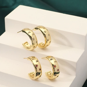 Pendientes de Botón de Circón Chapados en Oro de Cobre en Forma de C Vintage Pendientes de Media Luna Estrella Mujer
