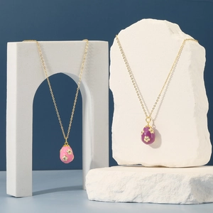 Teardrop floral zircon pendant necklace in pink and violet enamel with gold chain