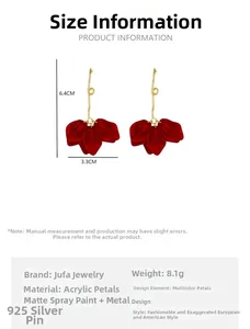 Detailed size view of red petal drop earrings with dimensions 6.4cm x 3.3cm on white