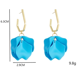 Detailed view of blue petal earrings showing 6.3cm height and 2.9cm width dimensions