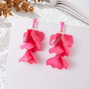 Vintage hot pink floral petal drop earrings with gold studs and layered matte finish