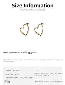 Detailed dimensions of gold-plated heart earrings with 925 silver needles and measurements