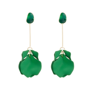 Vintage green petal drop earrings with gold links and dark resin tops on white background