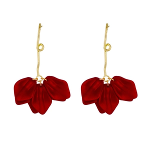 Exaggerated gold long hook earrings with matte red petal floral design for women