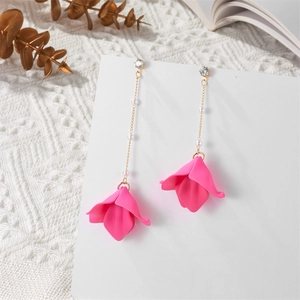 Long pearl chain drop earrings with floral petals and sparkling crystal studs