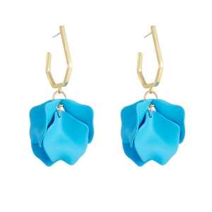 Retro style gold geometric earrings with vibrant blue layered flower petal pendants