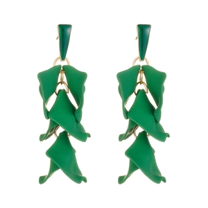 Vintage green petal drop earrings with layered leaf design and gold metal rings