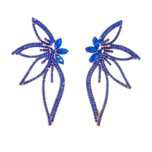 Deep blue rhinestone butterfly earrings with crystals on a golden alloy base