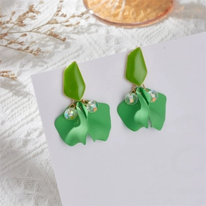 Vibrant green matte petal drop earrings with geometric studs and iridescent beads