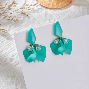 Matte cyan flower petal drop earrings with enamel finish and iridescent beads