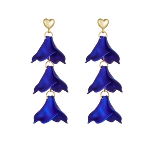 Elegant long petal earrings with golden heart studs and three-layer blue matte floral petals