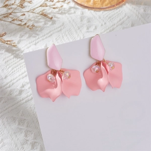Matte pink flower petal earrings with iridescent beads and elegant enamel finish