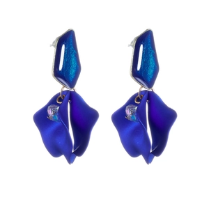 Matte dark blue petal drop earrings with textured metal and iridescent beads