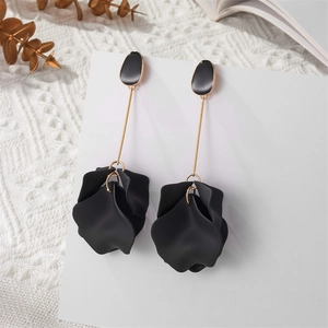 Elegant long gold drop earrings featuring matte black 3D flower petals for women