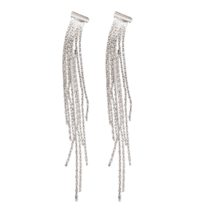 Silver long tassel earrings with vertical metal chain drops in a minimalist fashion style