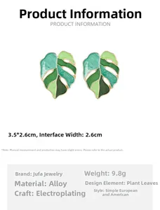 Detail view of tropical monstera leaf earrings with green enamel and gold plating