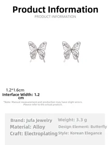 Detailed view of silver butterfly stud earrings with dimensions 1.2x1.6cm and zircon inlay
