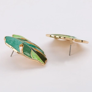 Minimalist green enamel leaf stud earrings in gold-plated alloy for women
