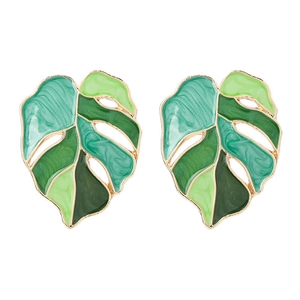 Minimalist gold alloy monstera leaf drop earrings with green enamel and hollow texture
