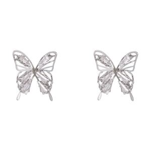 Silver butterfly stud earrings with sparkling cubic zirconia on a white background