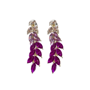 Elegant purple gradient crystal leaf earrings with tassel water drop stones for women