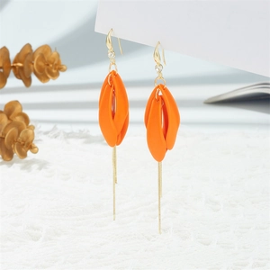 Orange petal tassel earrings with gold chains and rhinestone hooks in high resolution