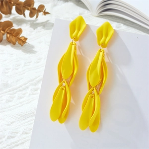 Long yellow leaf petal tassel earrings with matte finish on white display card