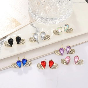 Colorful heart earrings set with vibrant gemstones and sparkling white rhinestones