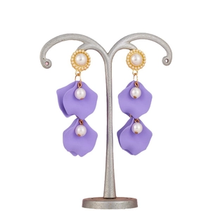 Retro long tassel earrings with purple matte flower petals and white pearl accents
