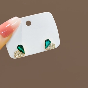 Emerald teardrop and micro-pave zircon heart stud earrings in 18K gold plated finish