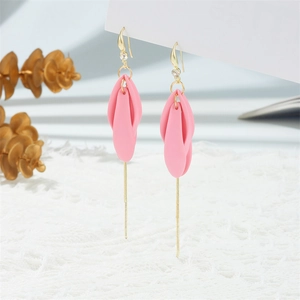 Pink petal tassel earrings with gold chain drops and zircon stud for women