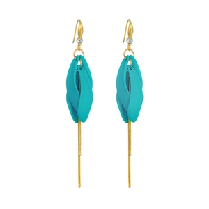 Green petal tassel earrings with gold-tone hooks and long metallic fringe details