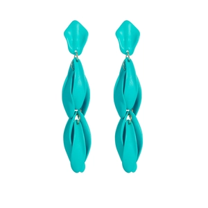 Long tiffany blue petal tassel earrings with gold hooks for women on white background
