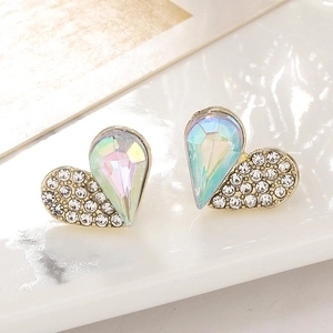 Elegant heart earrings featuring AB crystal and white rhinestone inlay on gold base