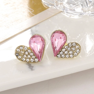 Pink heart-shaped stud earrings with sparkling crystals and gold plating finish