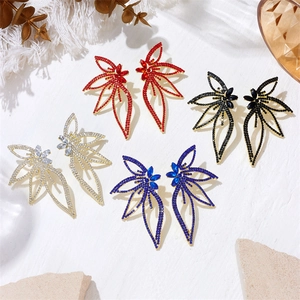 Sparkling crystal leaf earrings in four colors featuring rhinestone-studded cutout design