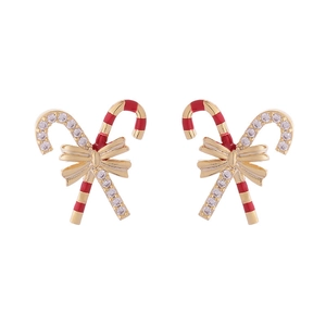 Christmas candy cane earrings with red white enamel bow and sparkling zircon accents