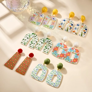 Exaggerated Fashion Acrylic Printed Floral Drop Earrings European Style Bohemian Petal Leaf Ear Jewelry for Women