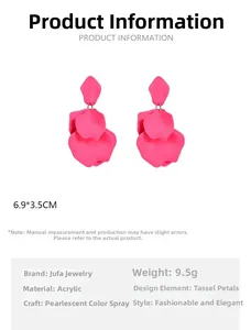 Detailed view of pink acrylic flower petal earrings with size specifications in cm
