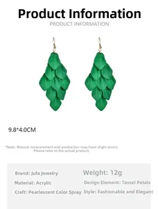 Detail view of green acrylic petal tassel earrings with dimensions and pearl finish info