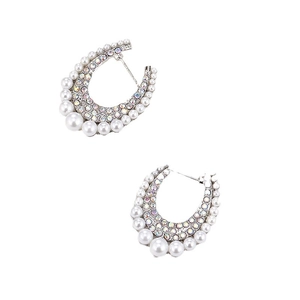 Geometric silver U-shape earrings with colorful rhinestones and white pearls inlay