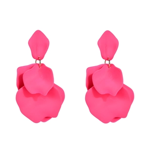Elegant tiered rose pink flower petal drop earrings with gold metal links on white background