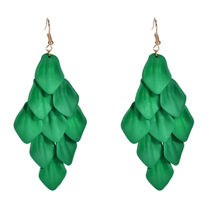 Green layered petal tassel earrings with golden hooks and vibrant glossy leaf finish